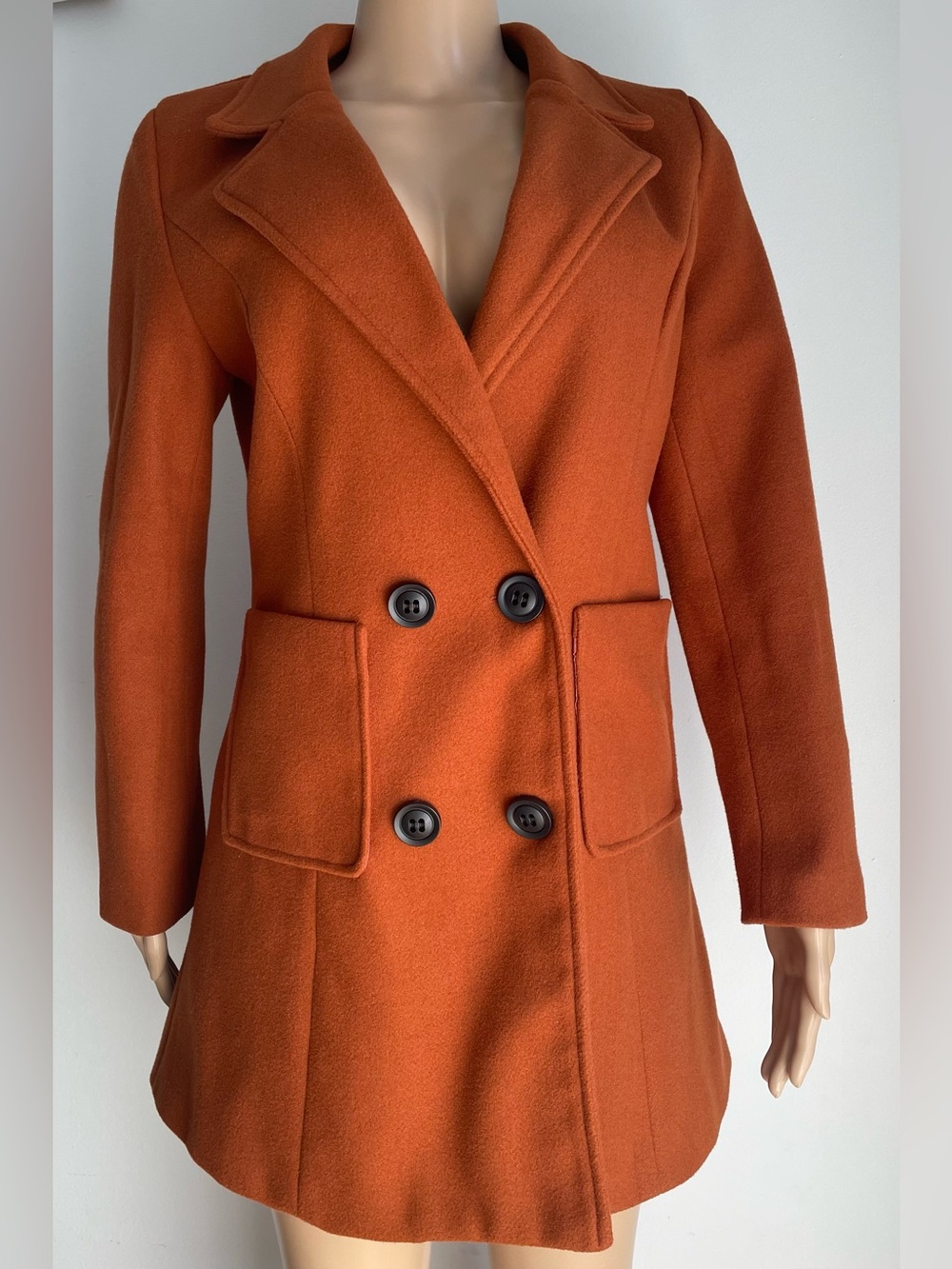 Womens Double-Breasted Wool Blend Coat - Orange